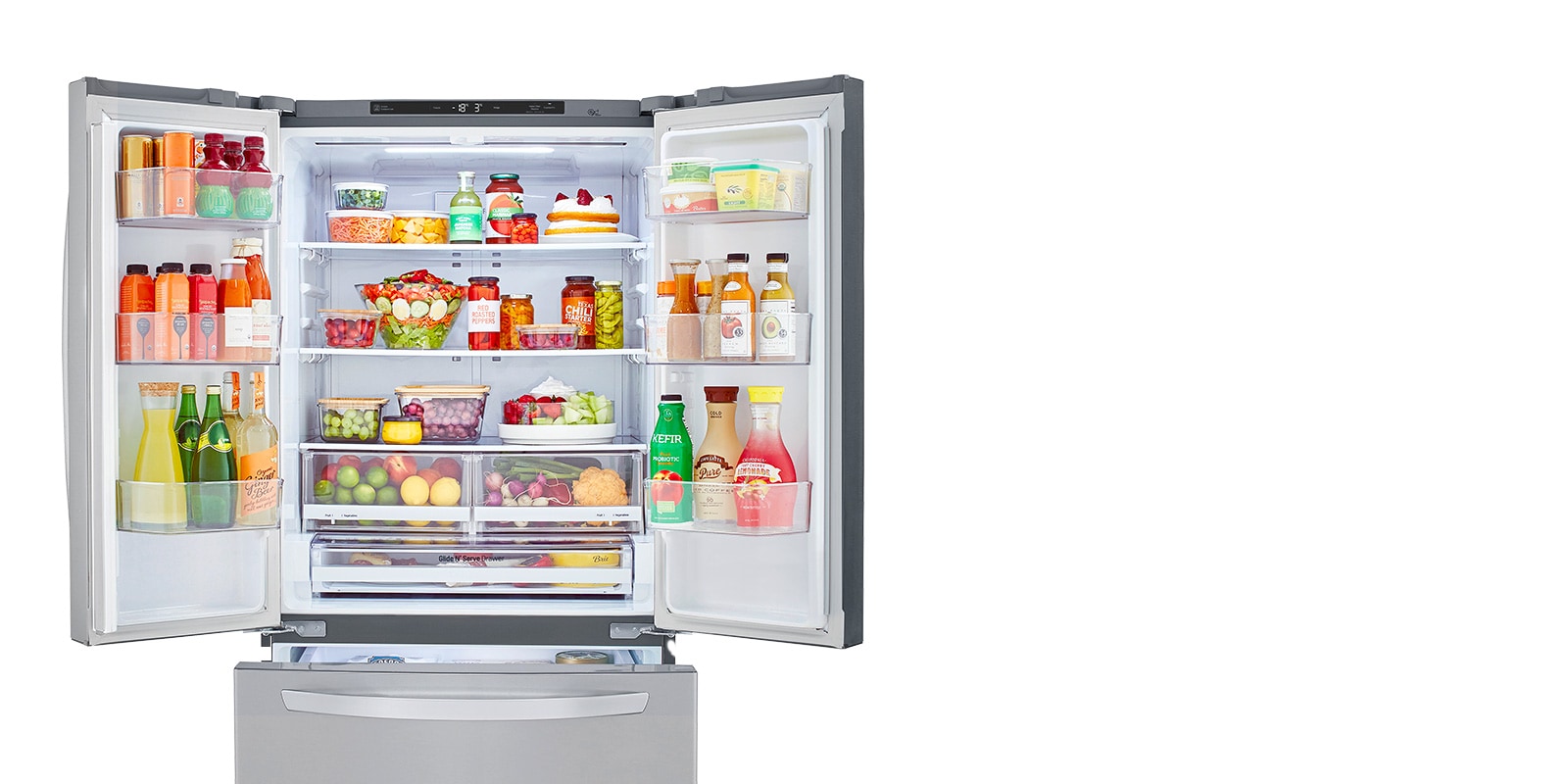 Refrigerador French Door, ancho, estrecho para un reducido espacio, con mayor almacenamiento.